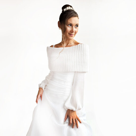 White Knitted Bridal Wrap, Knit Wedding Shoulder Shrug, Winter Bridesmaid Cover Up, code WW18